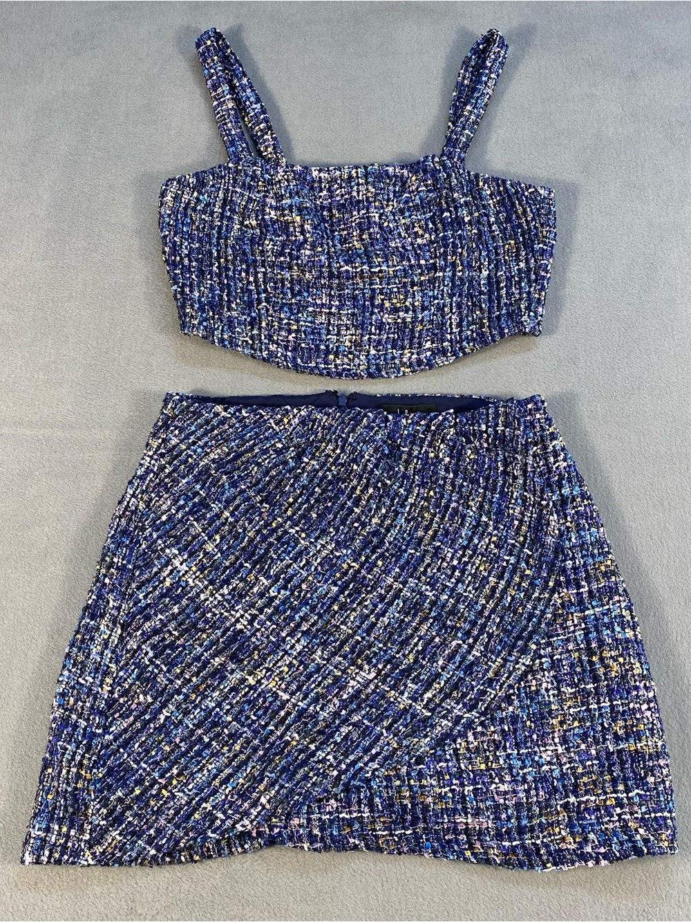 Women’s Blue Tweed Two-Piece Crop Top & Mini Skirt Set, back zippers, lined, M